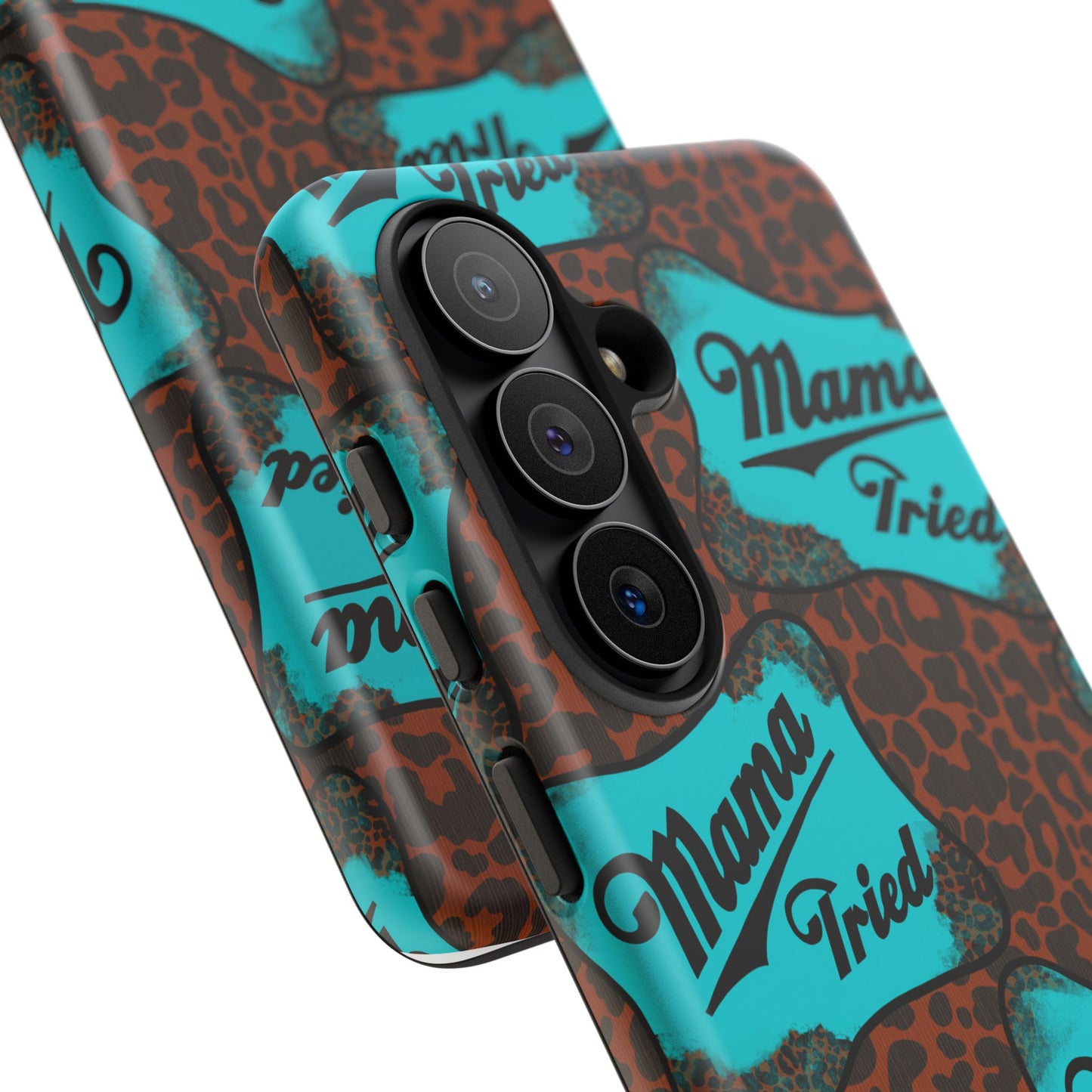 Mama Tried Leopard Print Phone Case — Turquoise Retro Patch Design