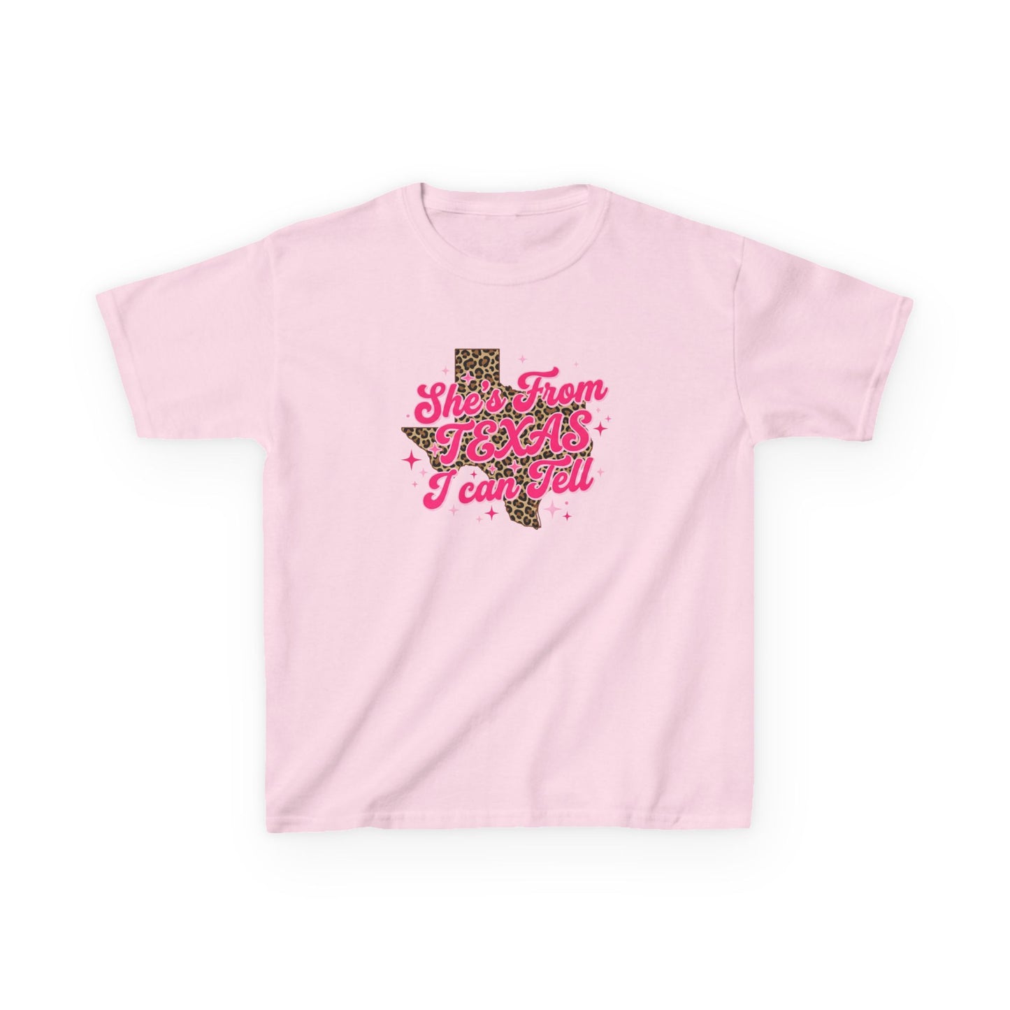 Kids Tee — "She's From Texas I Can Tell" Leopard