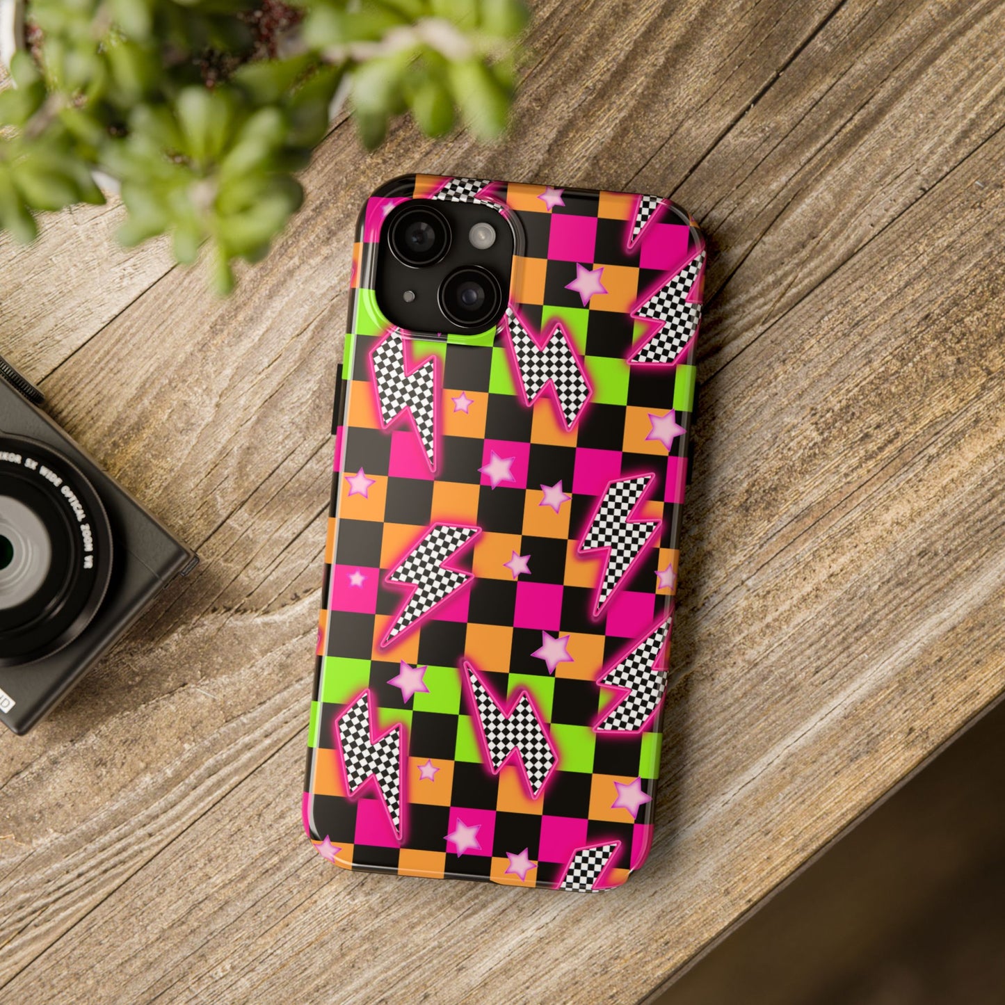 Neon Checkerboard Lightning Retro Pattern