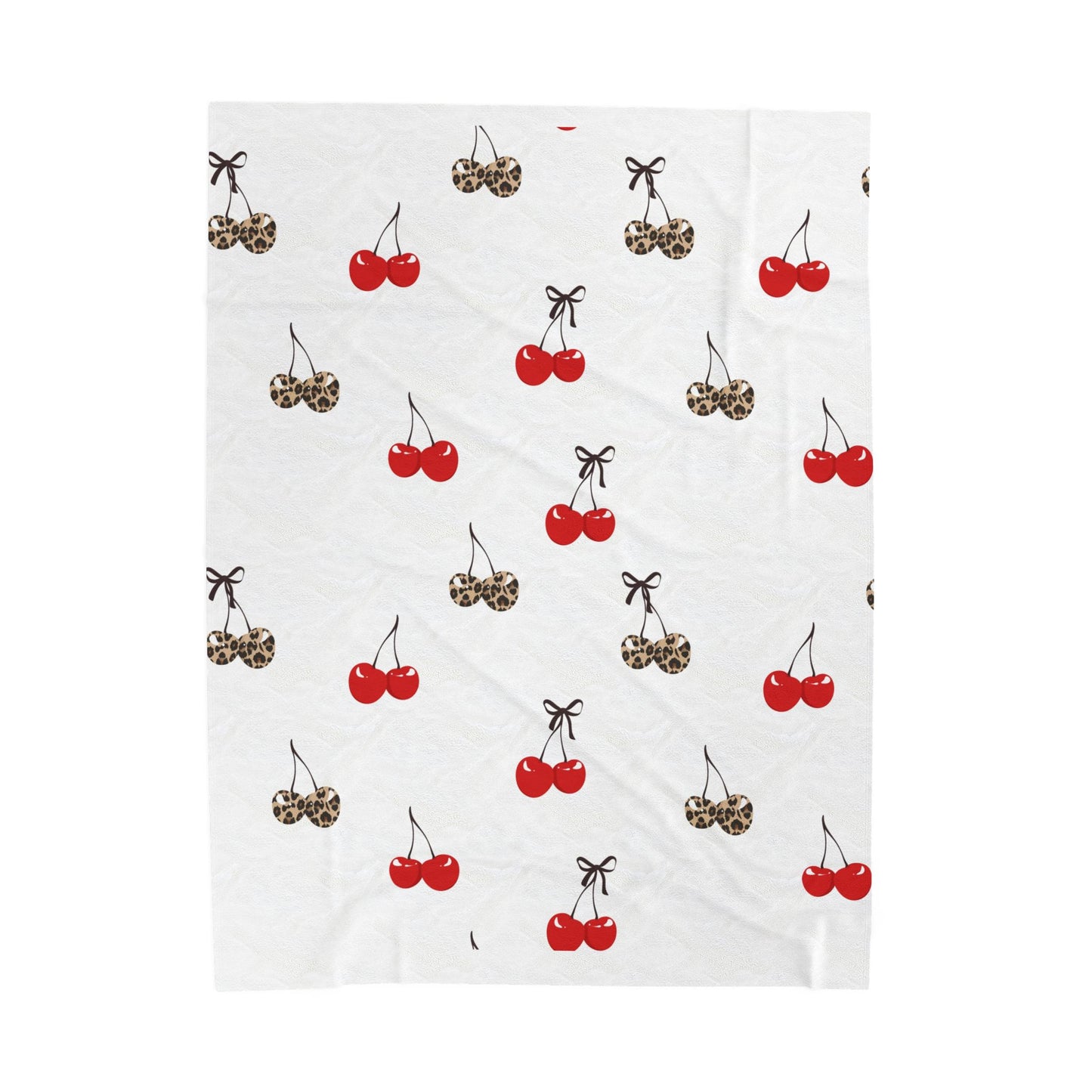 Cherry Print Velveteen Plush Blanket – Red & Leopard Cherries Cozy Throw