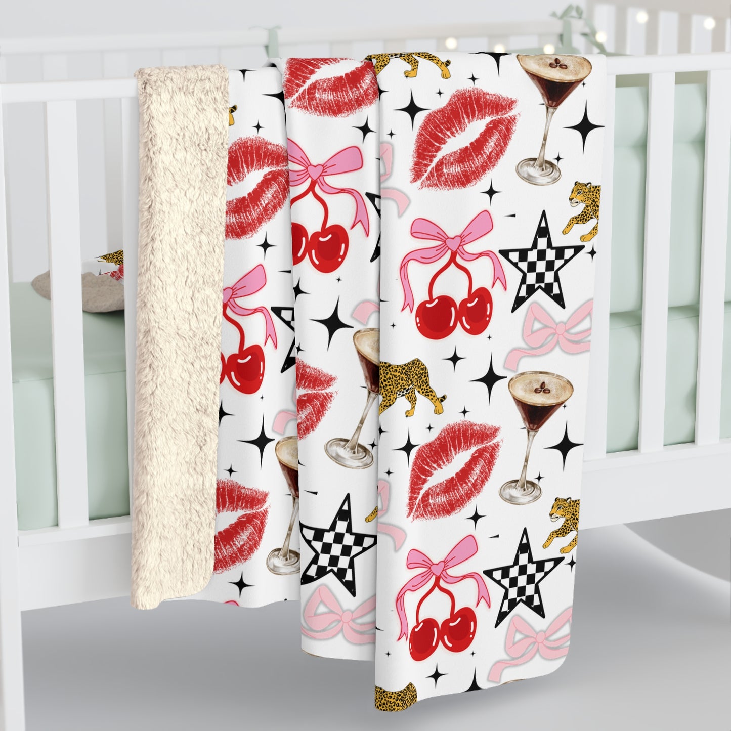 Sherpa Throw Blanket — Retro Lipstick, Cherries & Cocktail Pattern Cozy Fleece