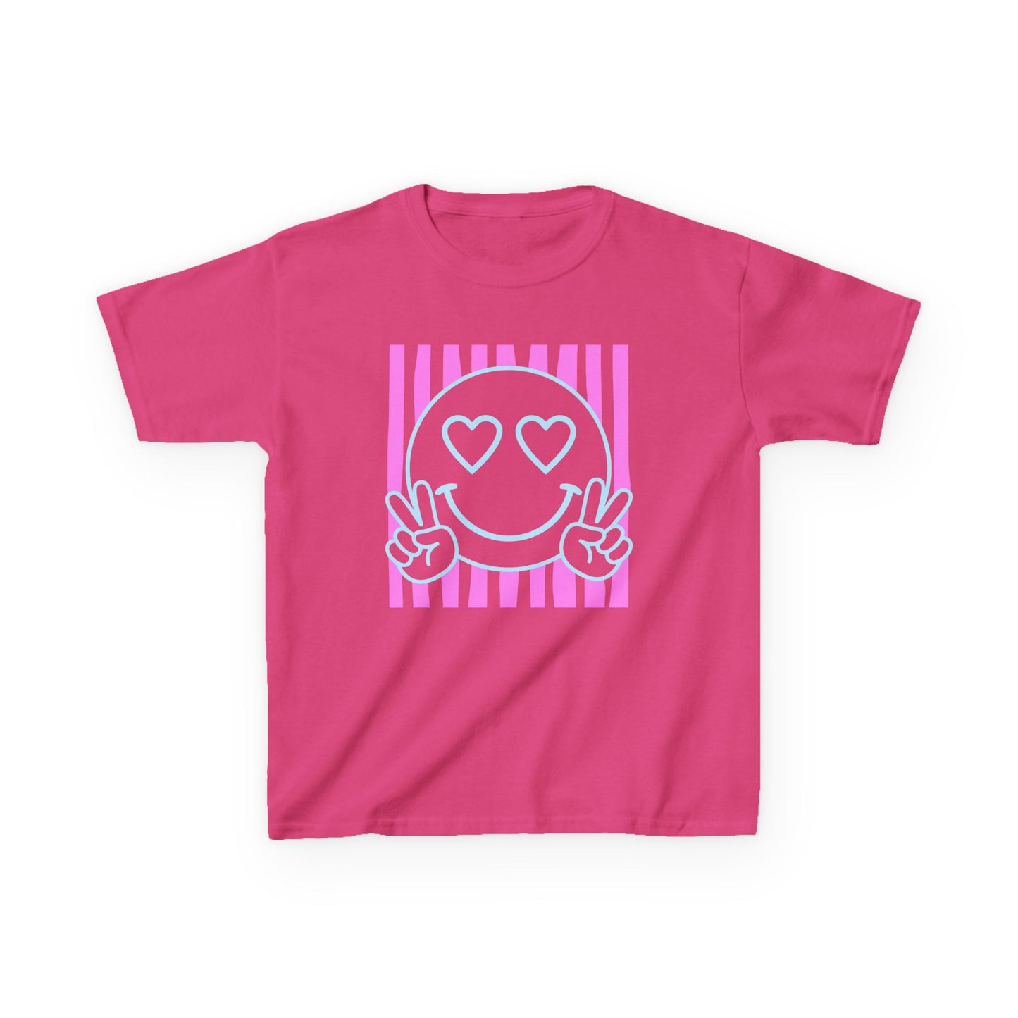 Kids T‑Shirt Heart Eyes Smiley with Peace Sign (Pink Stripes)