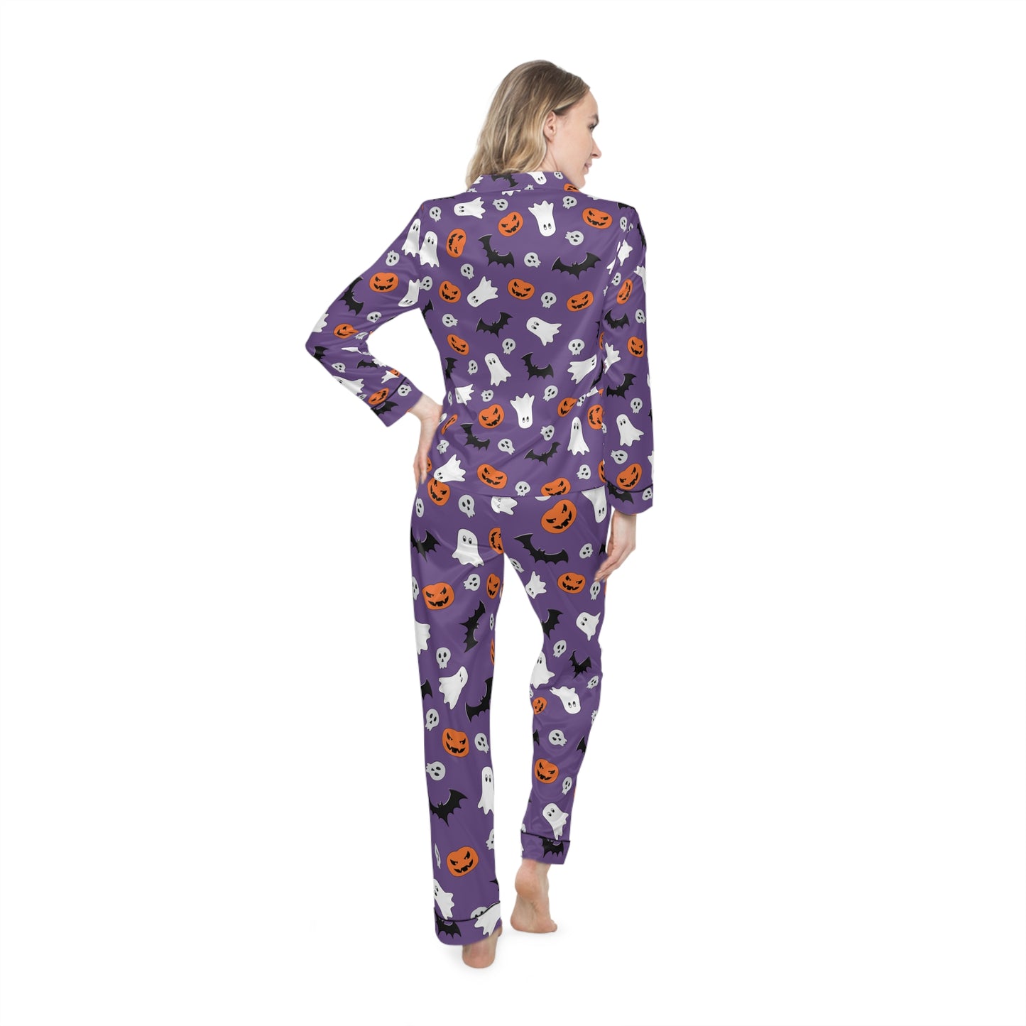 Women's Satin Halloween Pajama Set - Purple Ghost & Pumpkin Print