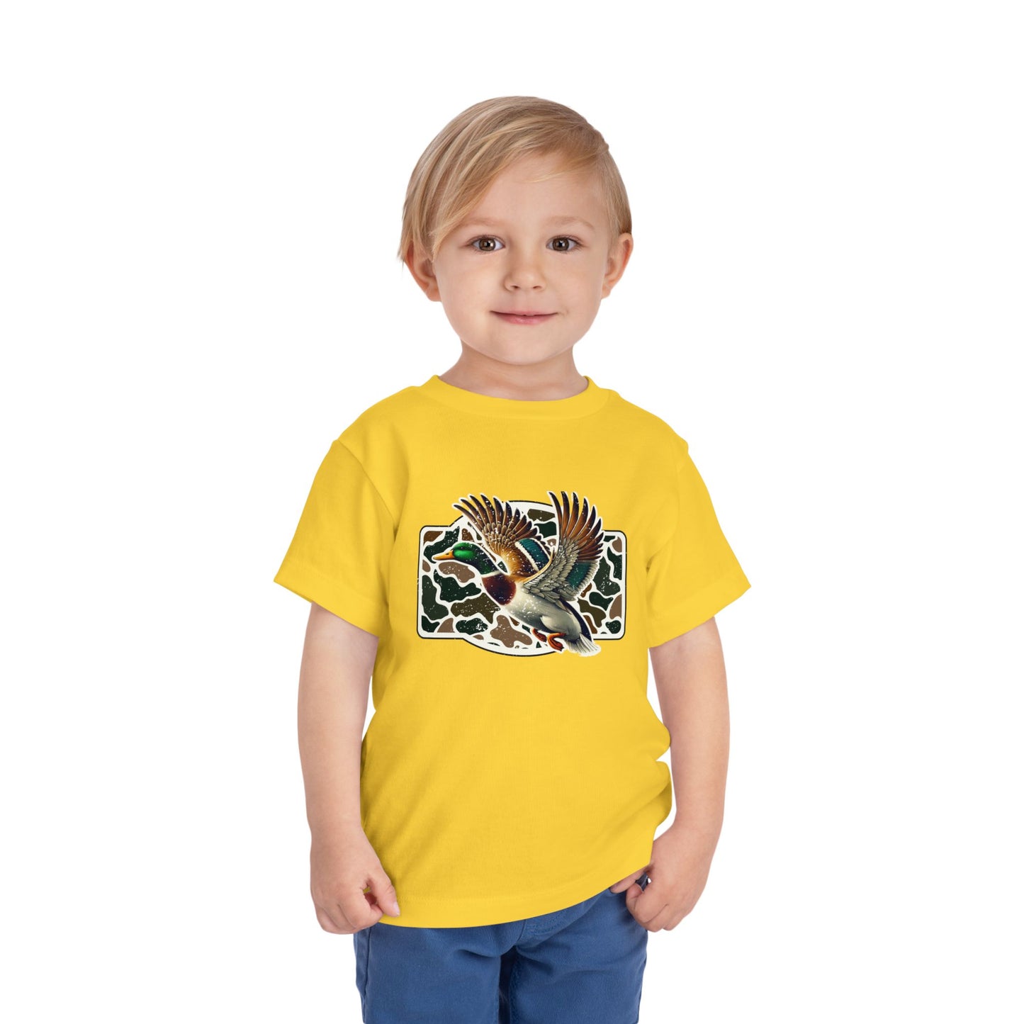 Toddler Tee — Flying Mallard Duck Graphic (Kids Hunting/Camo Outfit)