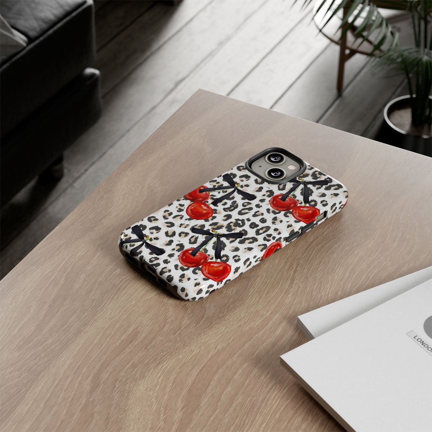 Cherry Leopard Phone Case — Retro Red Cherries on Animal Print Protective Case