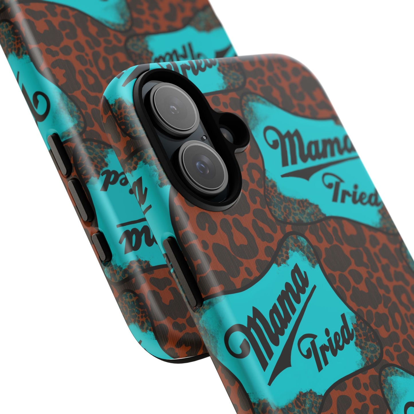 Mama Tried Leopard Print Phone Case — Turquoise Retro Patch Design