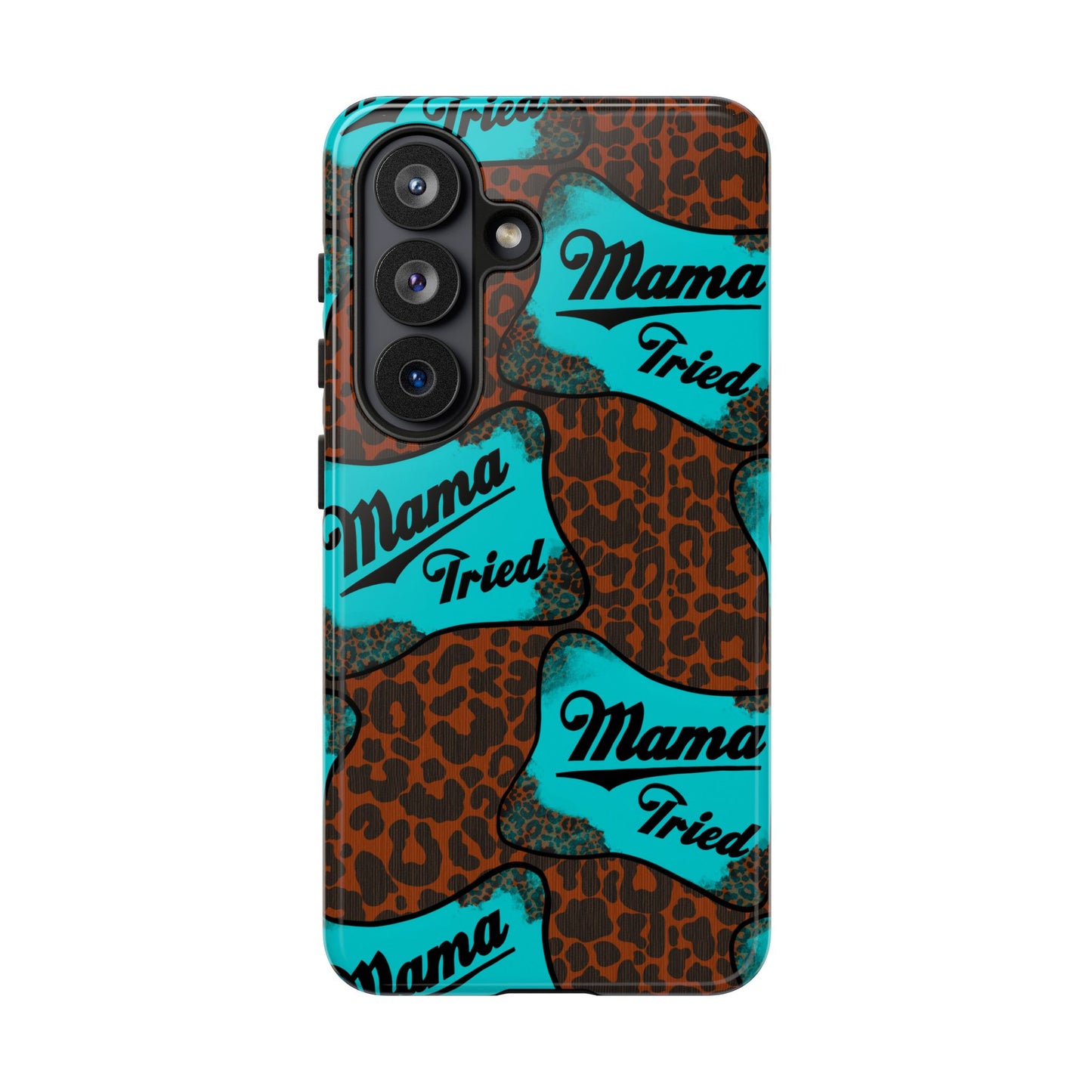 Mama Tried Leopard Print Phone Case — Turquoise Retro Patch Design