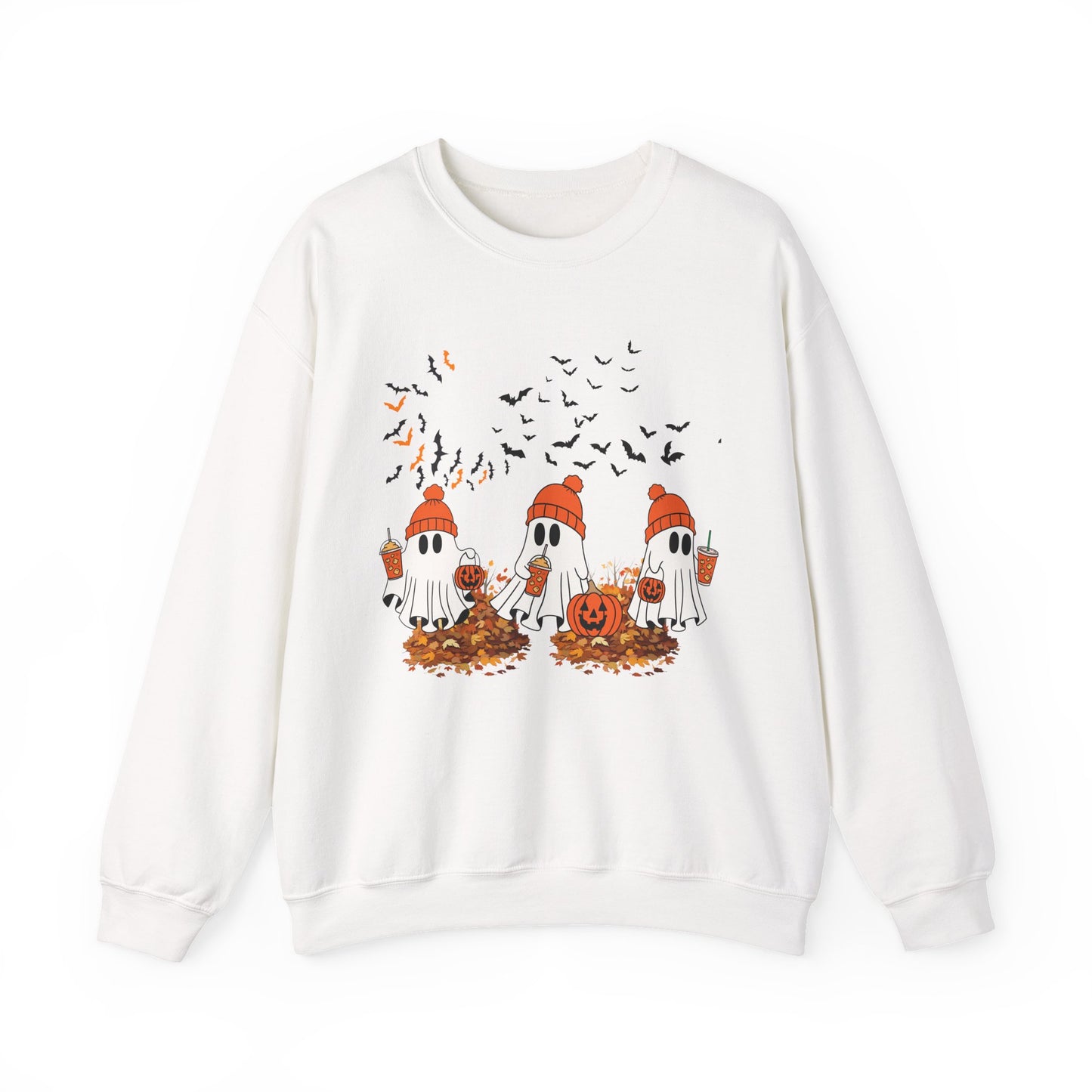 Cozy Ghosts Fall Sweatshirt — Cute Halloween Ghosts with Pumpkins & Leaves