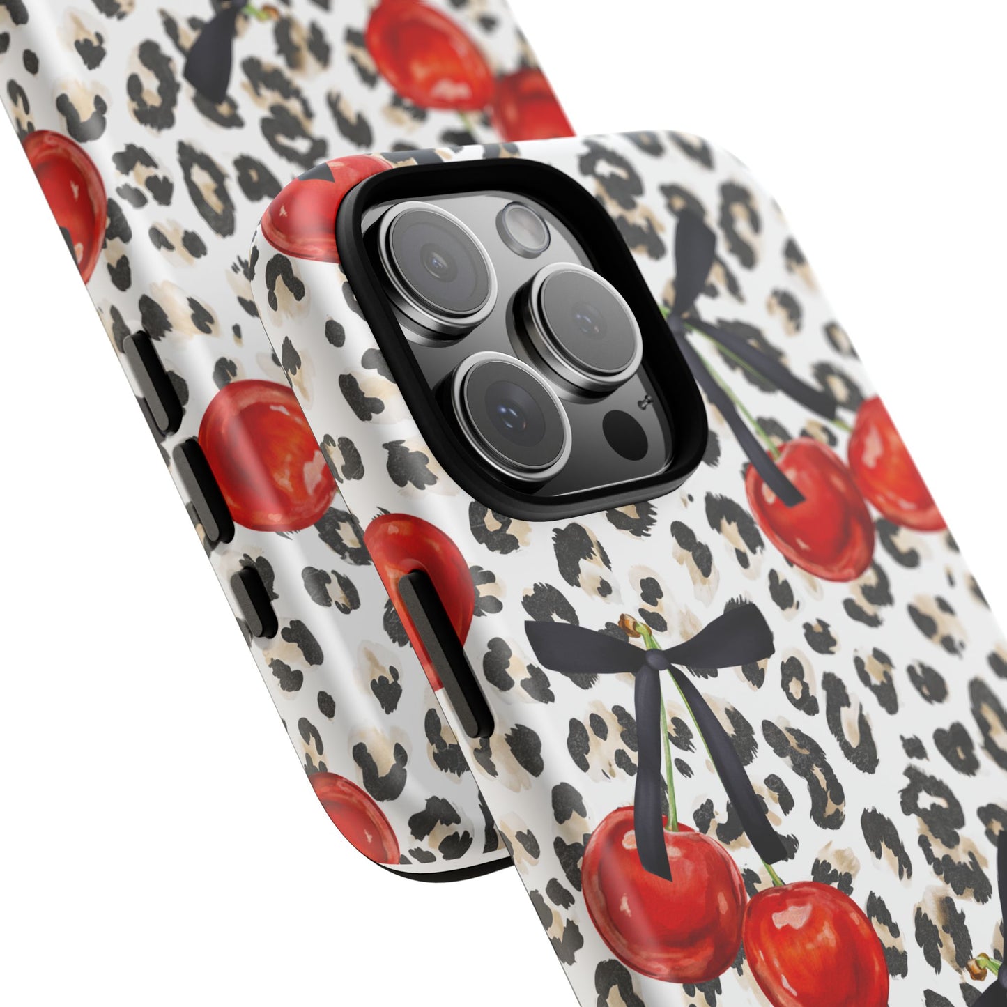 Cherry Leopard Phone Case — Retro Red Cherries on Animal Print Protective Case