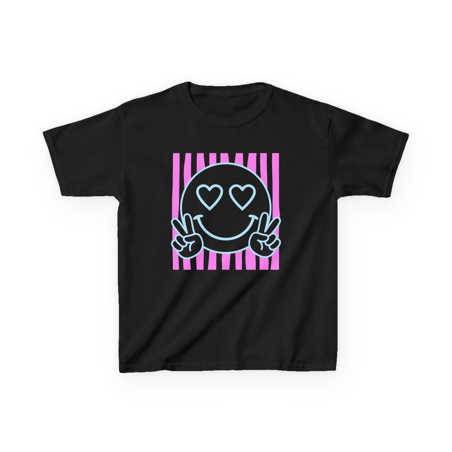 Kids T‑Shirt Heart Eyes Smiley with Peace Sign (Pink Stripes)