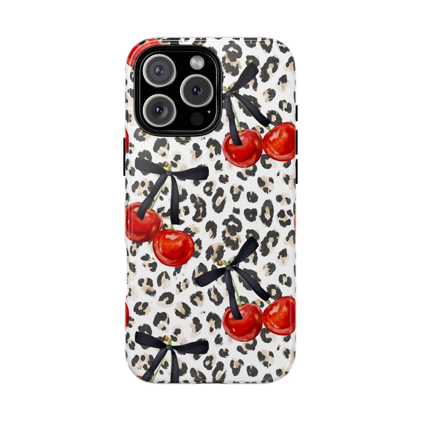 Cherry Leopard Phone Case — Retro Red Cherries on Animal Print Protective Case