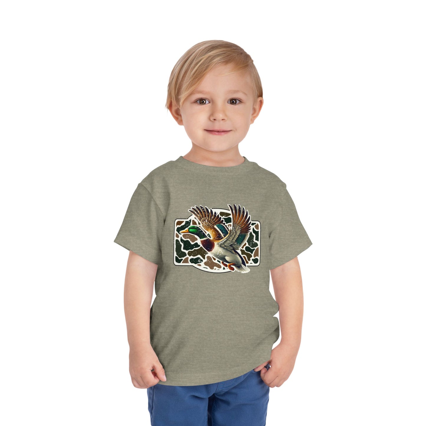 Toddler Tee — Flying Mallard Duck Graphic (Kids Hunting/Camo Outfit)