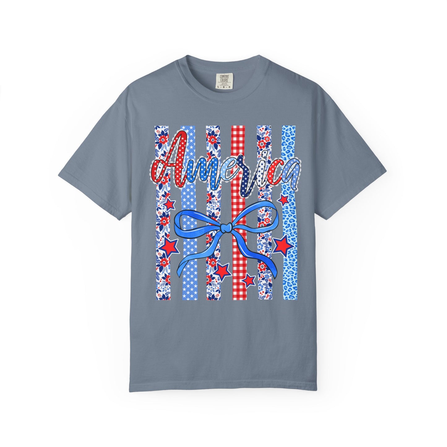 America Patriotic T-Shirt — Red White Blue Stripes & Bow Graphic