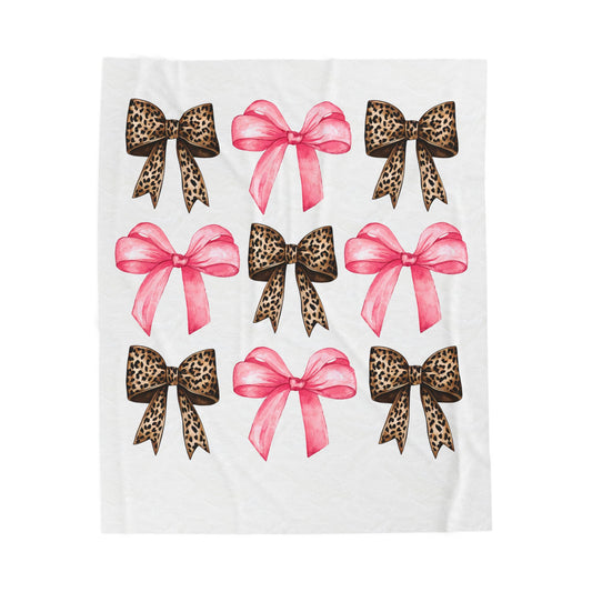 Velveteen Plush Blanket — Pink & Leopard Bow Pattern Cozy Throw