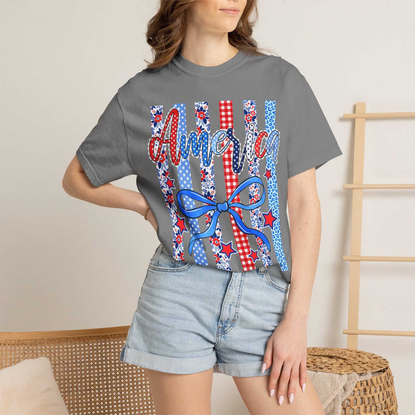 America Patriotic T-Shirt — Red White Blue Stripes & Bow Graphic