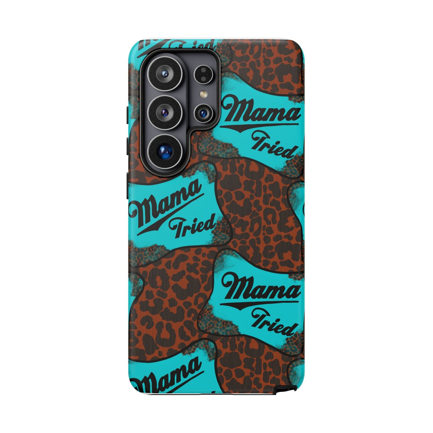 Mama Tried Leopard Print Phone Case — Turquoise Retro Patch Design