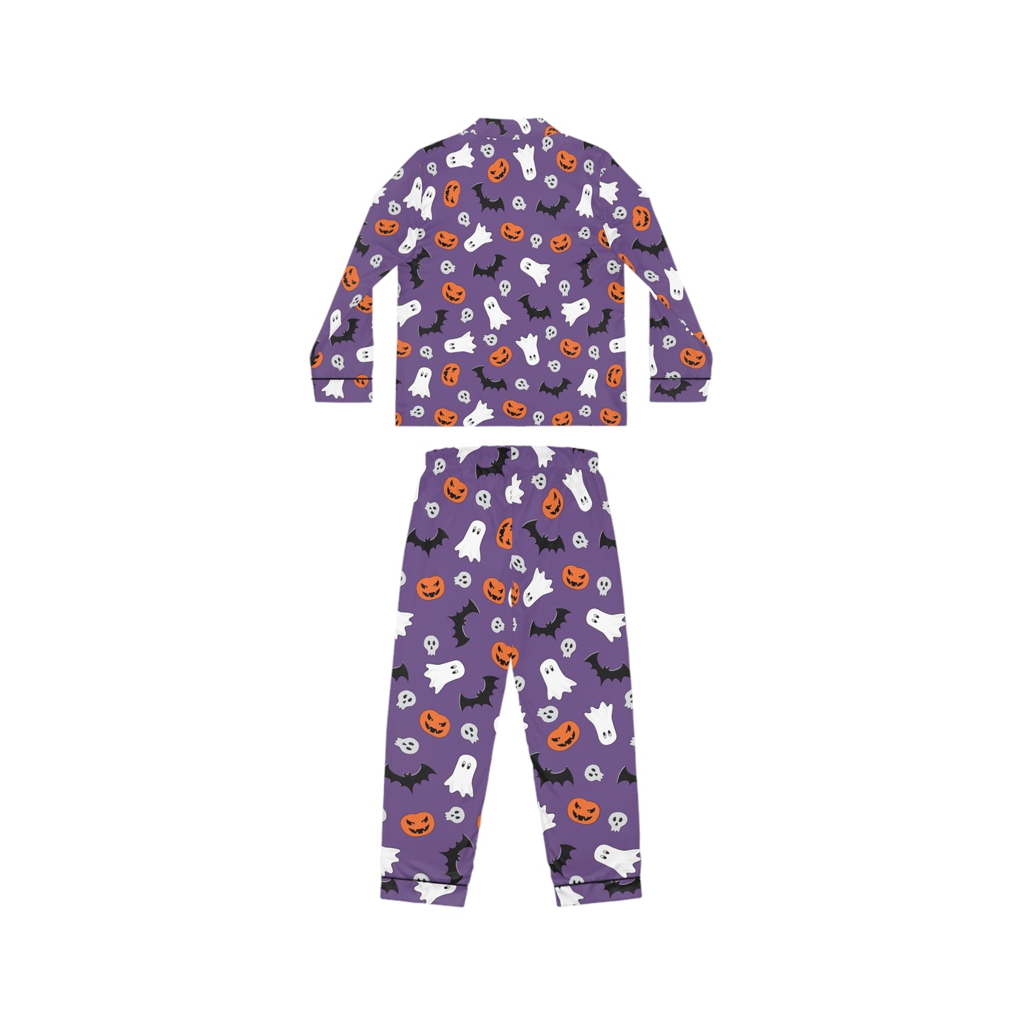 Women's Satin Halloween Pajama Set - Purple Ghost & Pumpkin Print