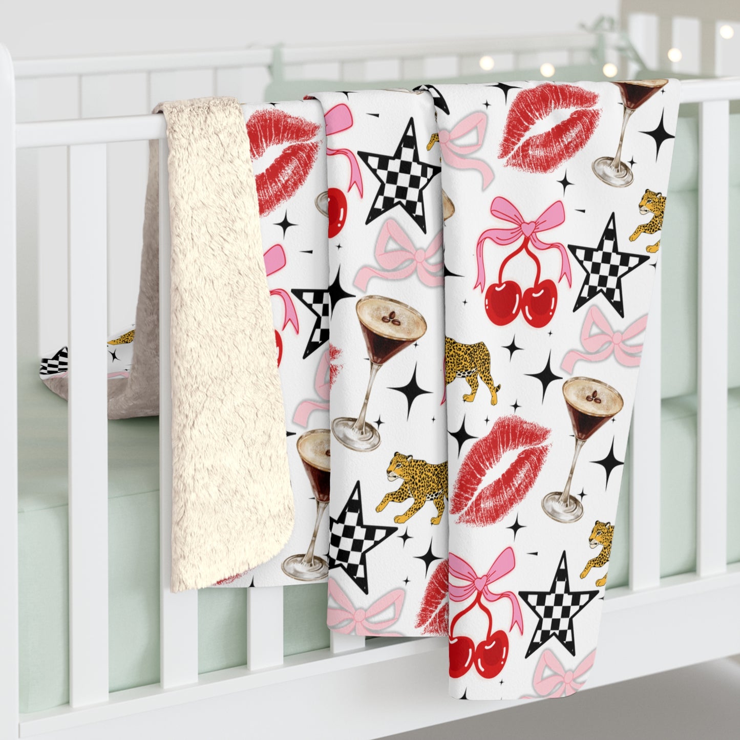 Sherpa Throw Blanket — Retro Lipstick, Cherries & Cocktail Pattern Cozy Fleece