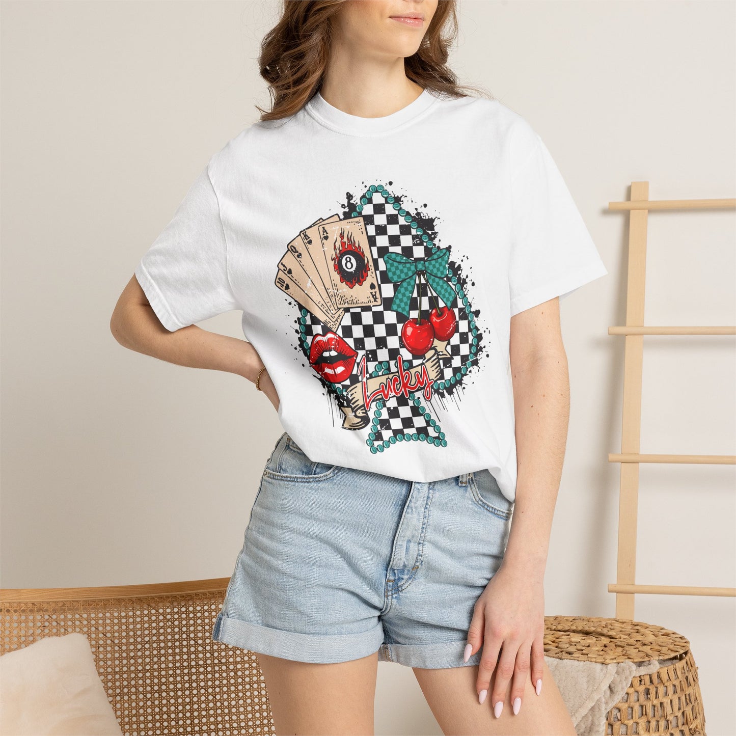 Retro Checkerboard Cherry & Cards Graphic Tee