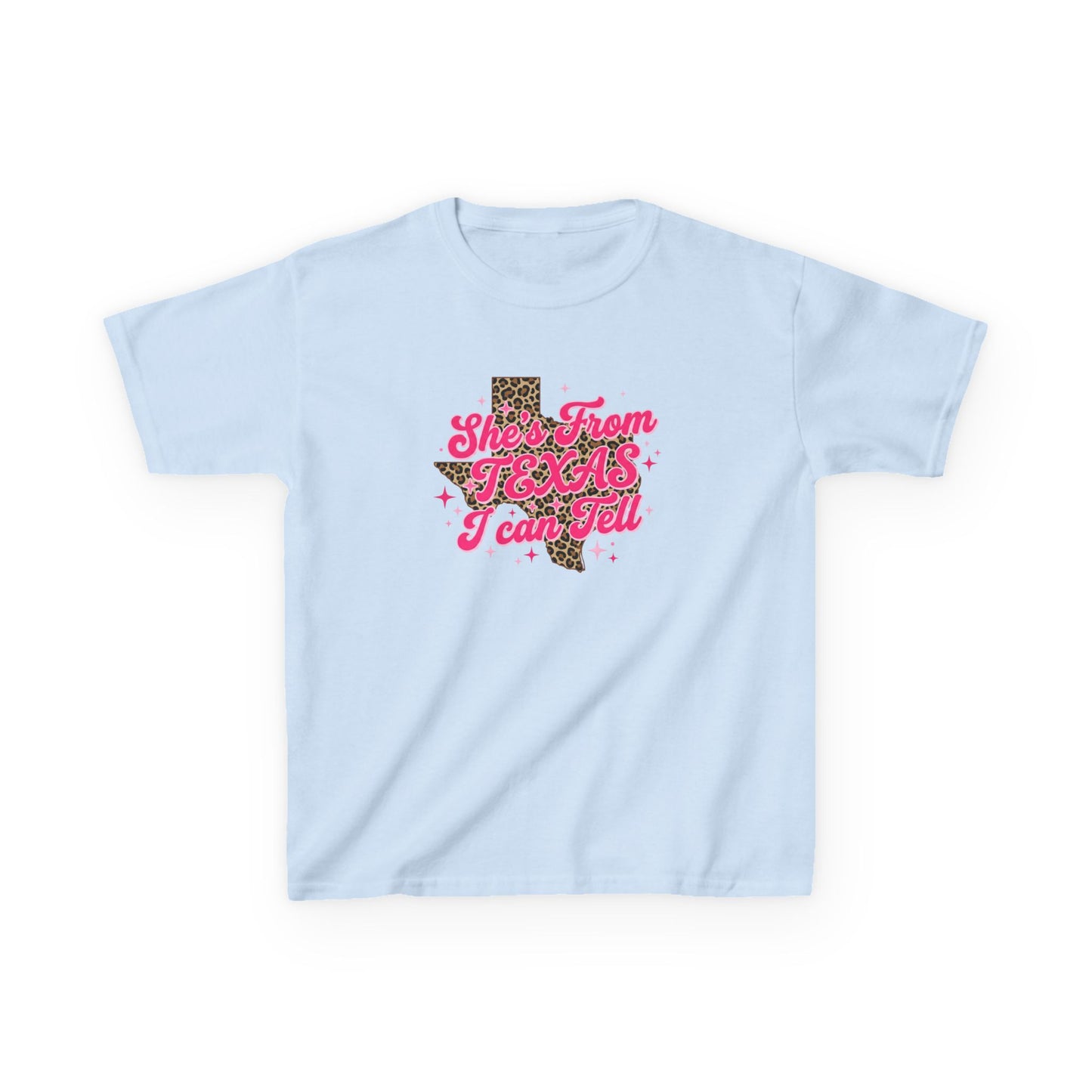 Kids Tee — "She's From Texas I Can Tell" Leopard