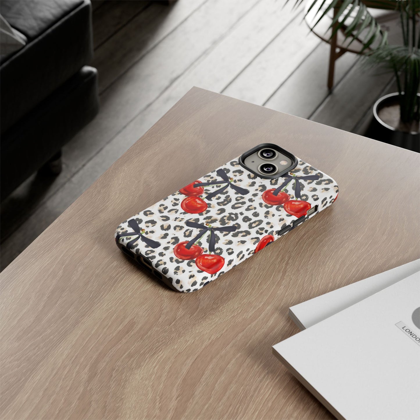 Cherry Leopard Phone Case — Retro Red Cherries on Animal Print Protective Case