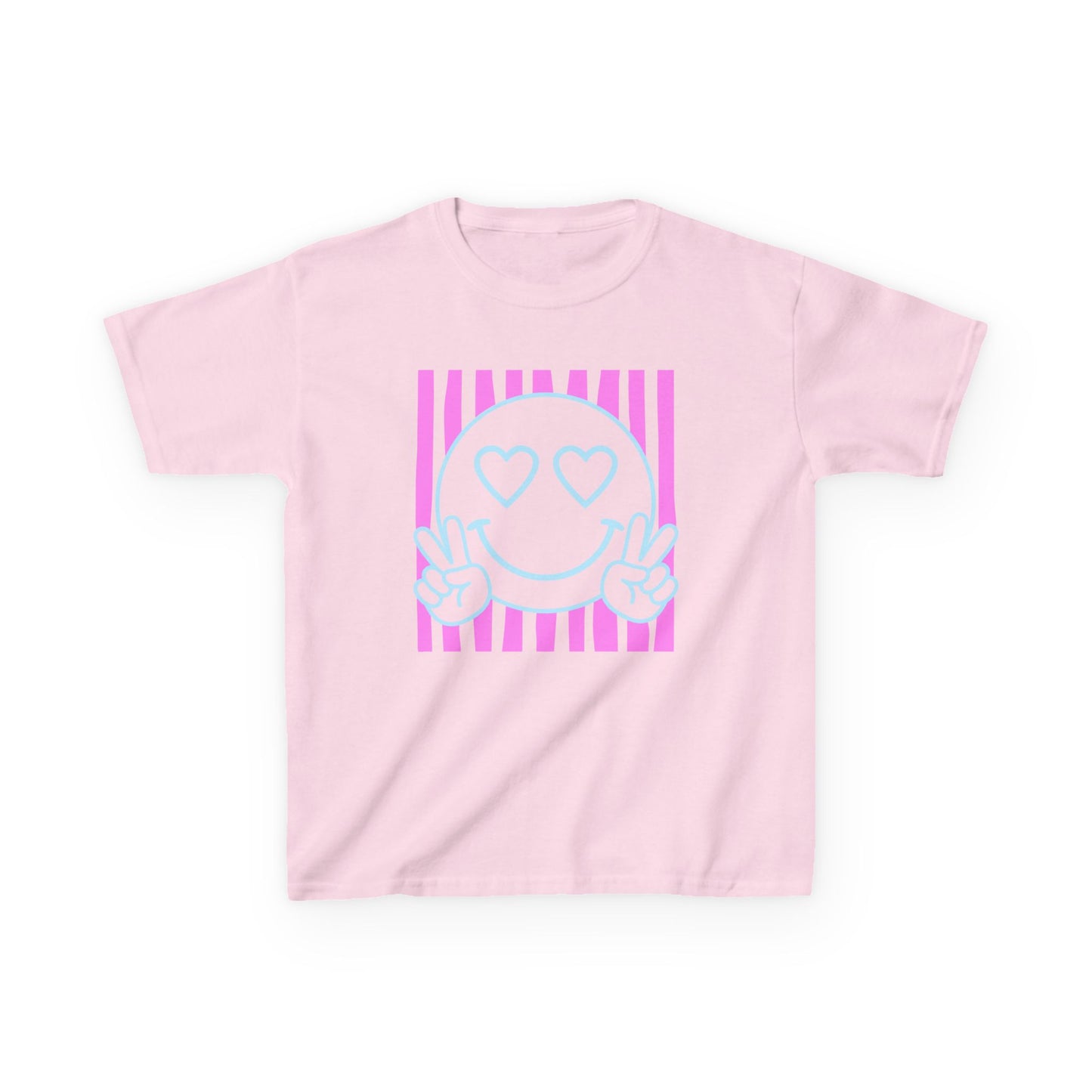 Kids T‑Shirt Heart Eyes Smiley with Peace Sign (Pink Stripes)