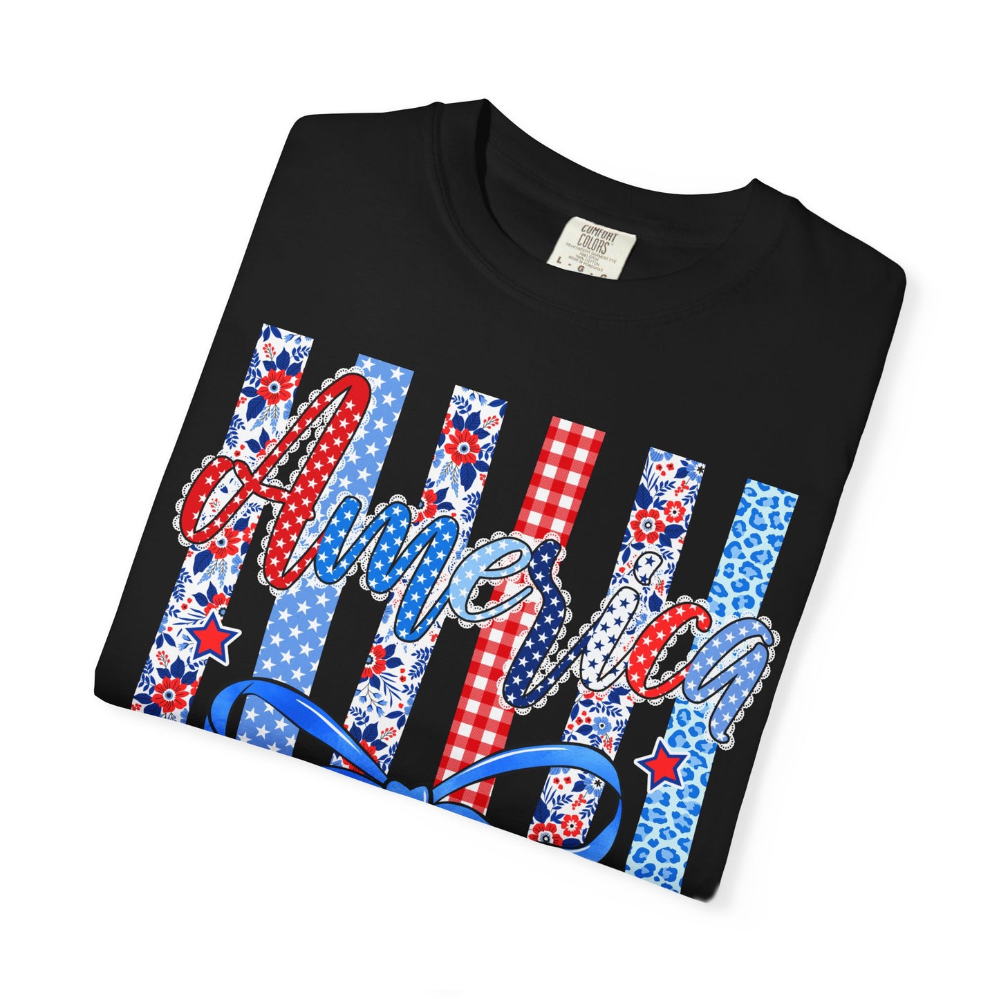 America Patriotic T-Shirt — Red White Blue Stripes & Bow Graphic