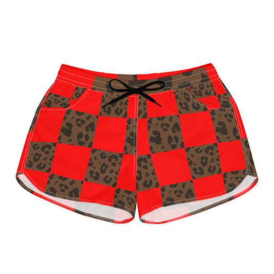 Red Buffalo Plaid & Leopard Print Women's Casual Shorts