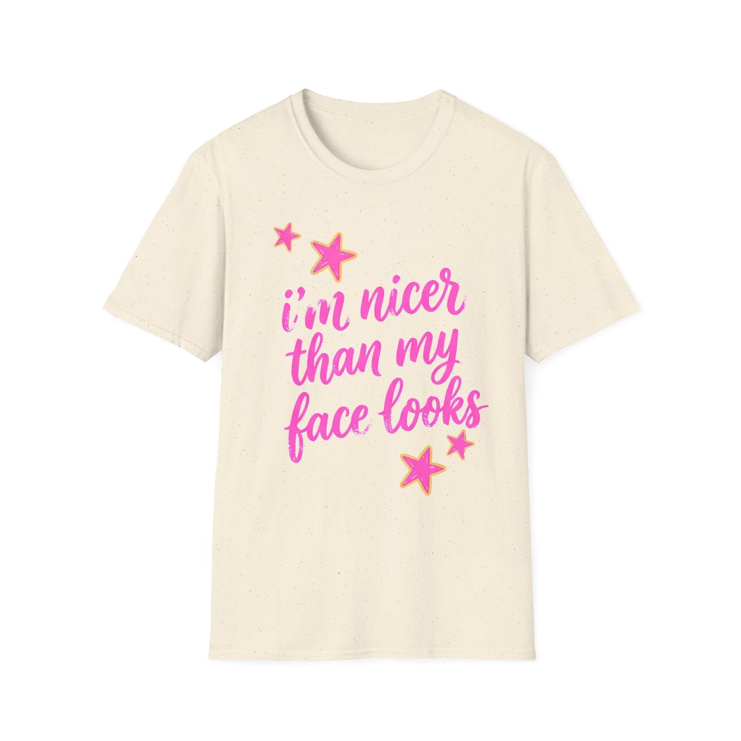 “I’m Nicer Than My Face Looks” Pink Script Graphic Tee