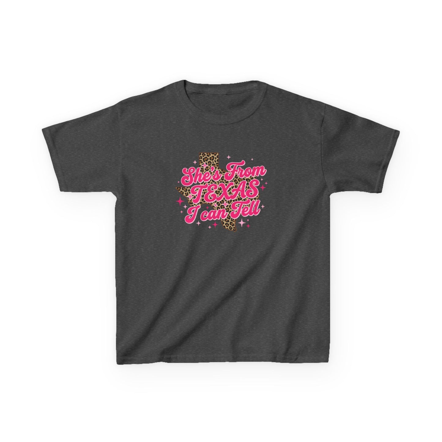 Kids Tee — "She's From Texas I Can Tell" Leopard