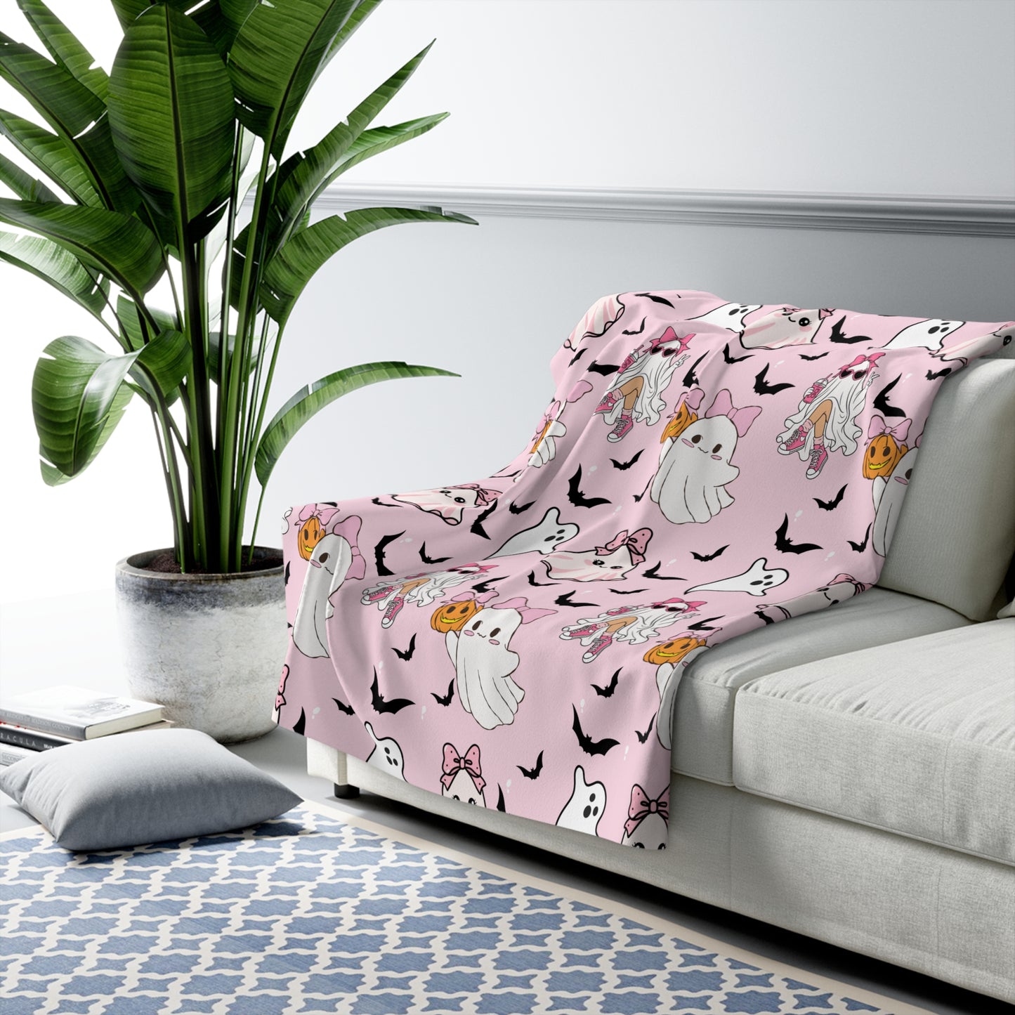Pink Halloween Ghost Sherpa Blanket