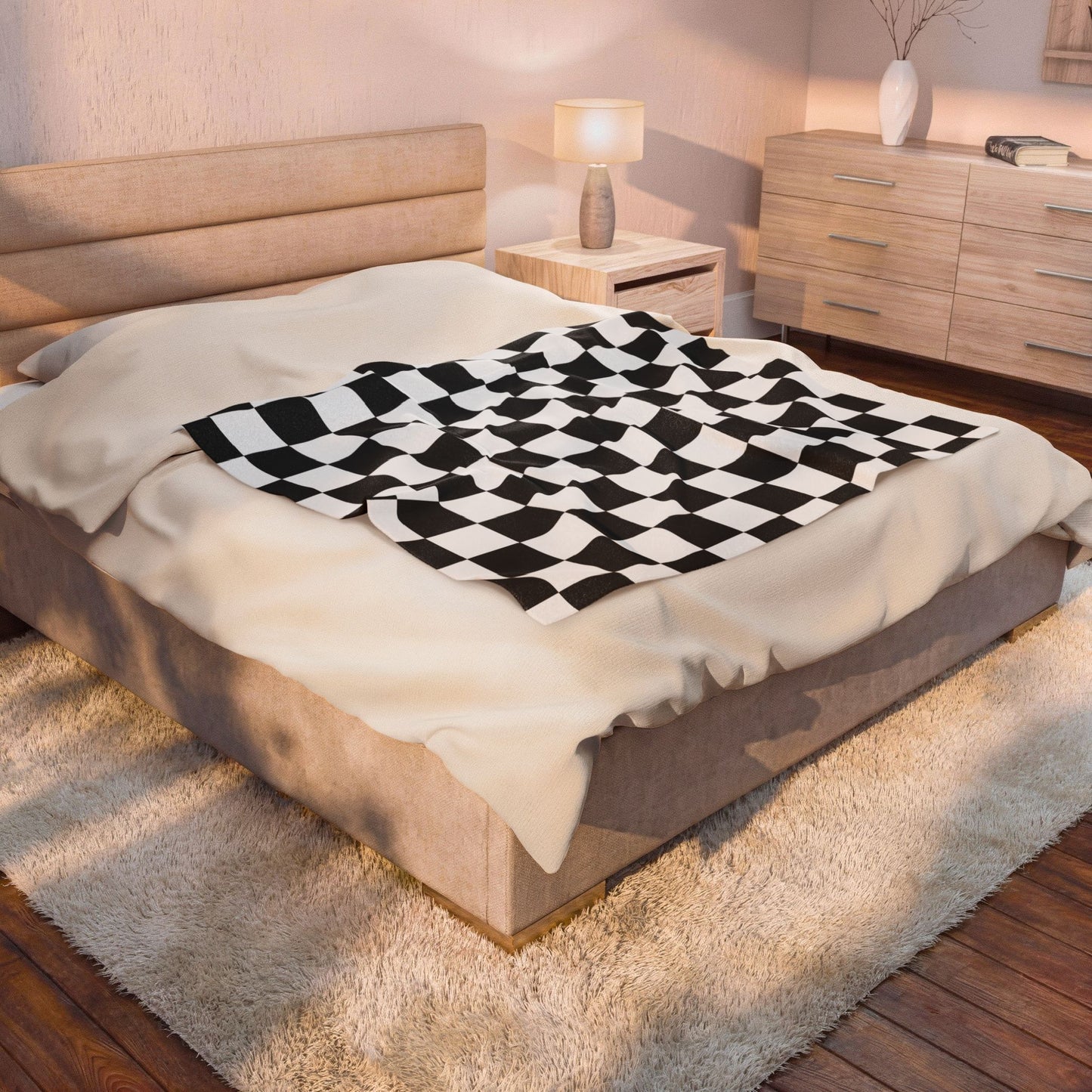 Checkerboard Velveteen Plush Blanket - Black & White Retro Grid Throw