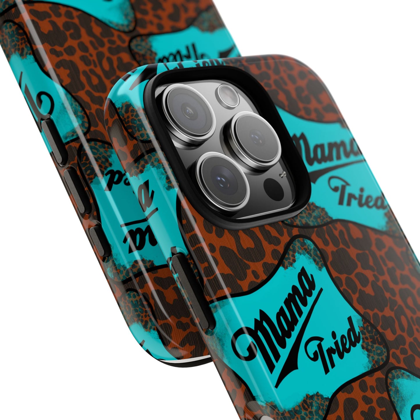 Mama Tried Leopard Print Phone Case — Turquoise Retro Patch Design