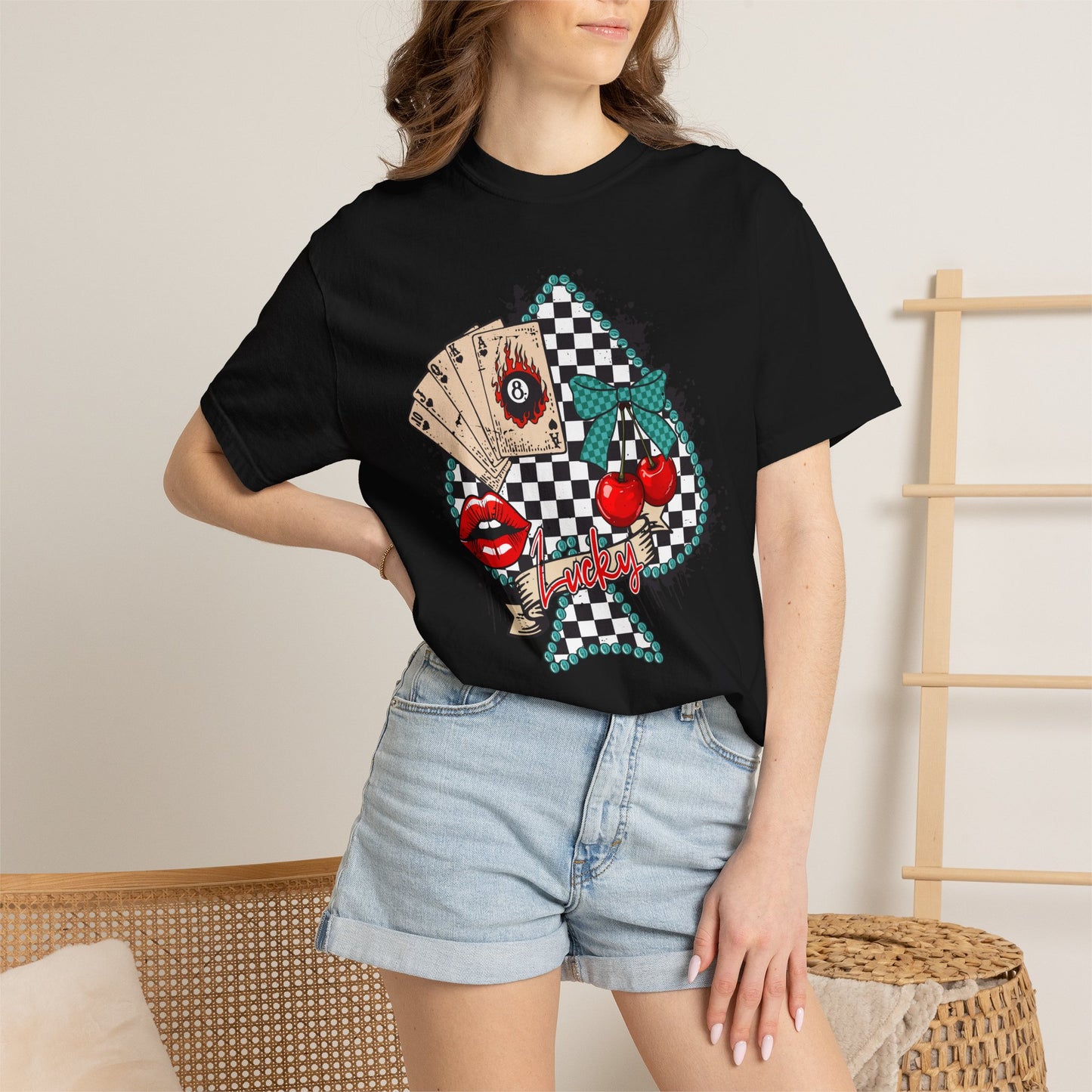 Retro Checkerboard Cherry & Cards Graphic Tee