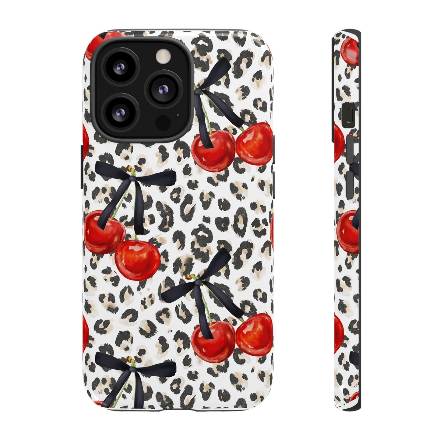 Cherry Leopard Phone Case — Retro Red Cherries on Animal Print Protective Case
