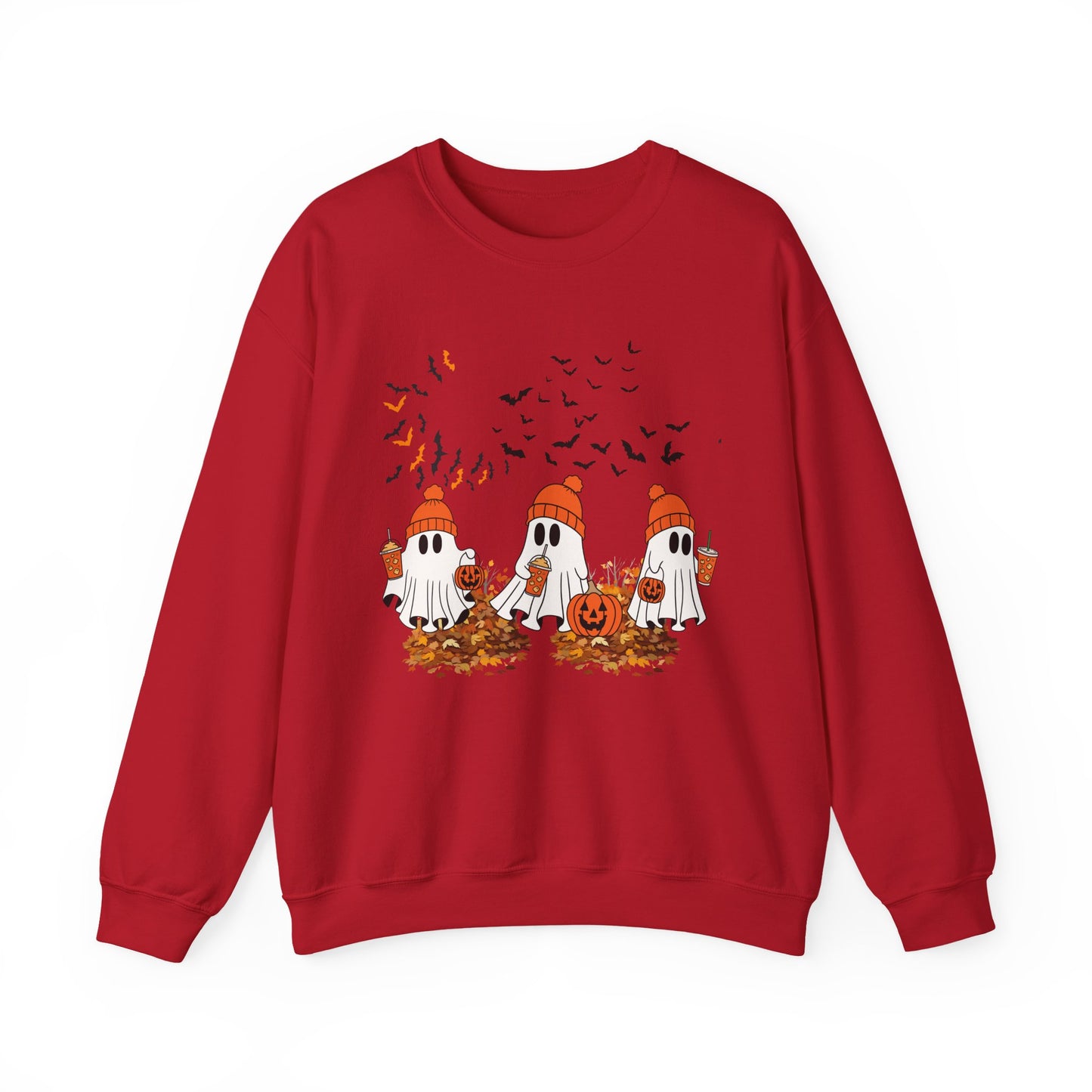 Cozy Ghosts Fall Sweatshirt — Cute Halloween Ghosts with Pumpkins & Leaves