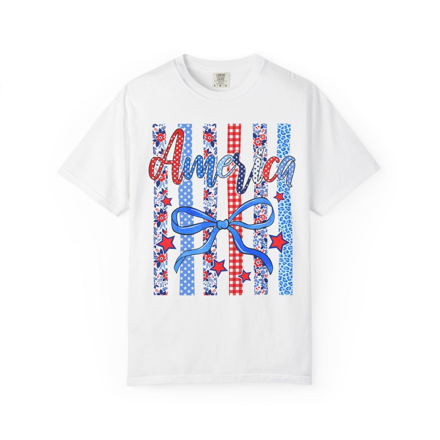 America Patriotic T-Shirt — Red White Blue Stripes & Bow Graphic