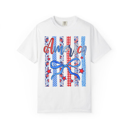 America Patriotic T-Shirt — Red White Blue Stripes & Bow Graphic