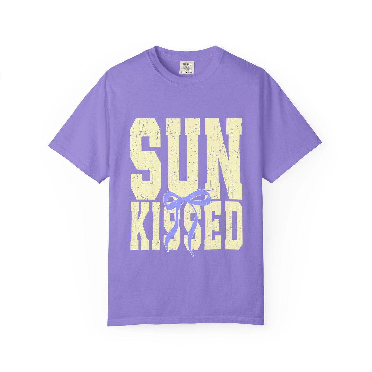 Sun-Kissed T-Shirt Pastel Yellow Block Print with Lavender Ribbon