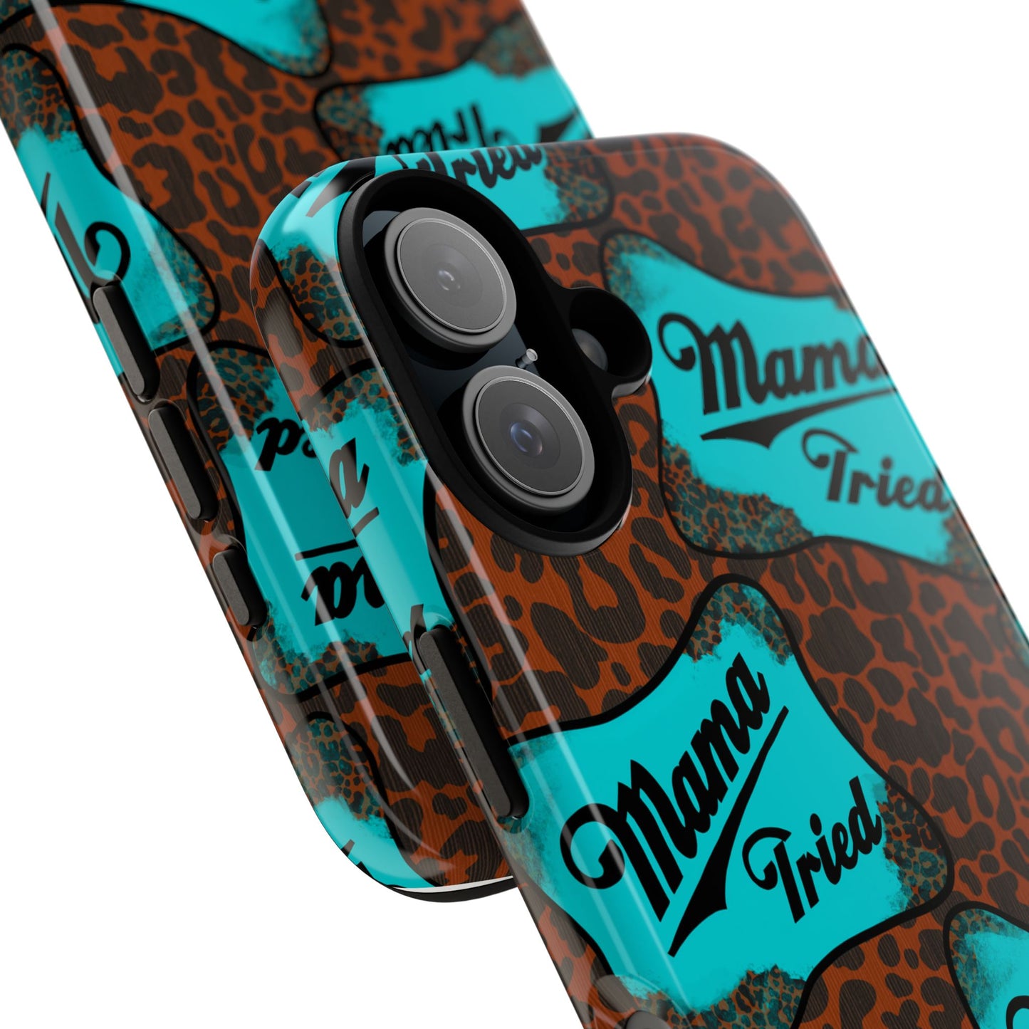 Mama Tried Leopard Print Phone Case — Turquoise Retro Patch Design
