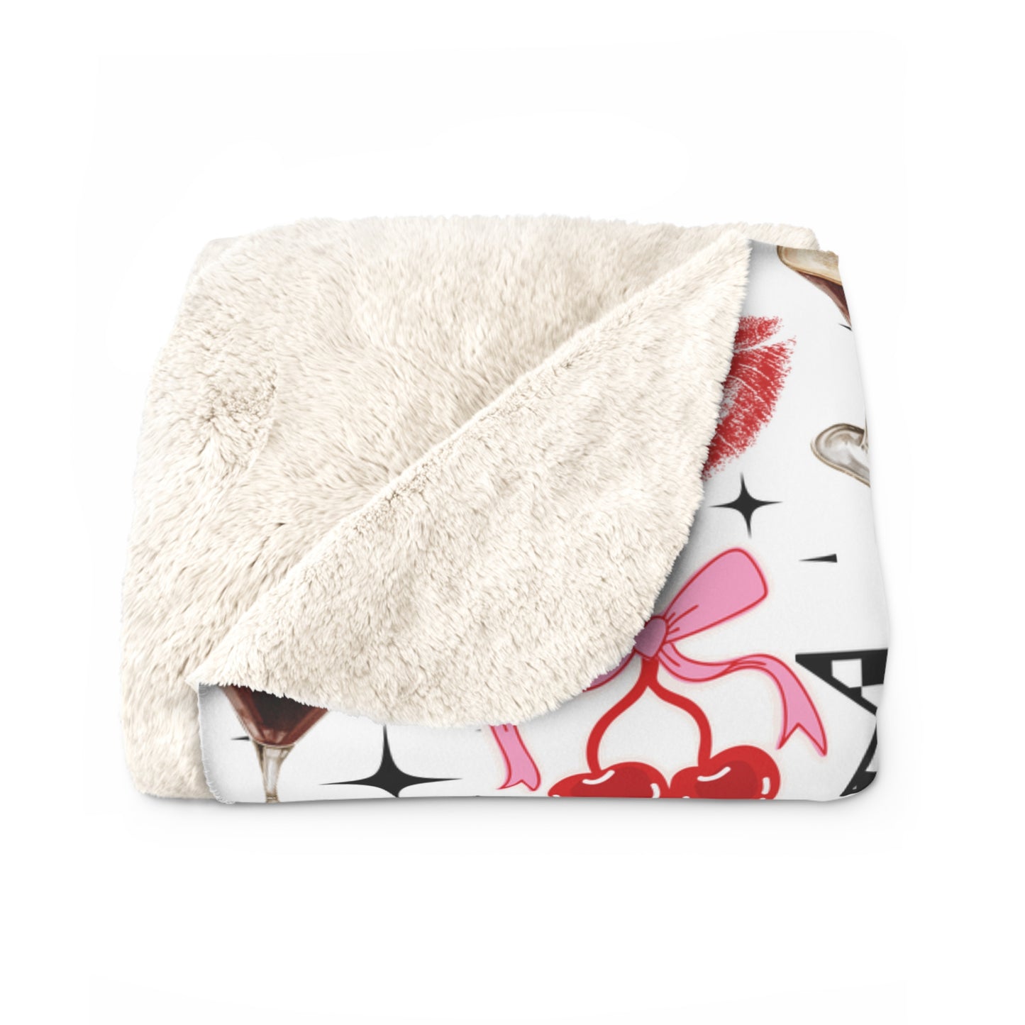 Sherpa Throw Blanket — Retro Lipstick, Cherries & Cocktail Pattern Cozy Fleece