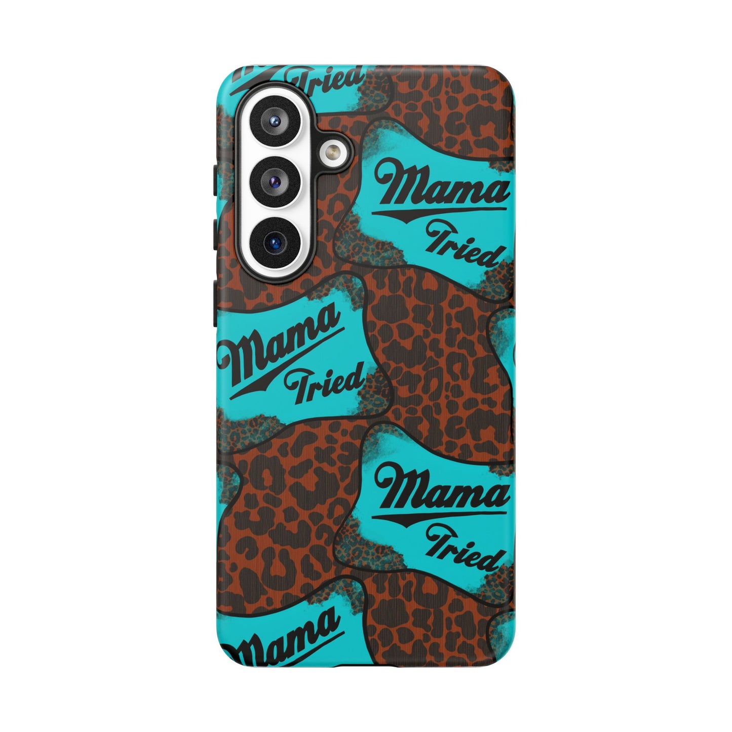 Mama Tried Leopard Print Phone Case — Turquoise Retro Patch Design