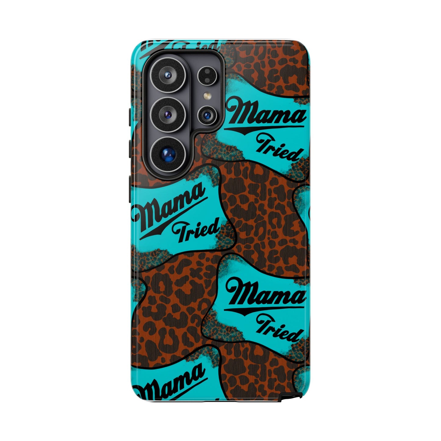 Mama Tried Leopard Print Phone Case — Turquoise Retro Patch Design
