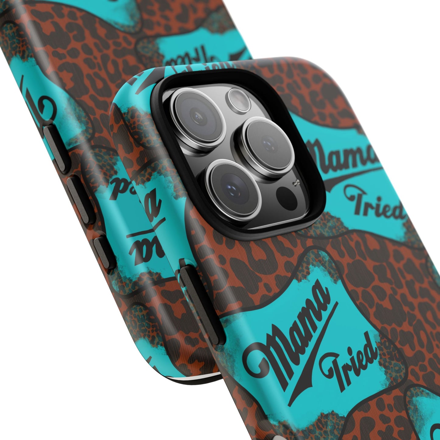 Mama Tried Leopard Print Phone Case — Turquoise Retro Patch Design