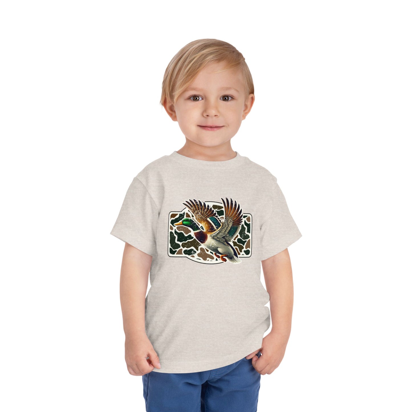 Toddler Tee — Flying Mallard Duck Graphic (Kids Hunting/Camo Outfit)