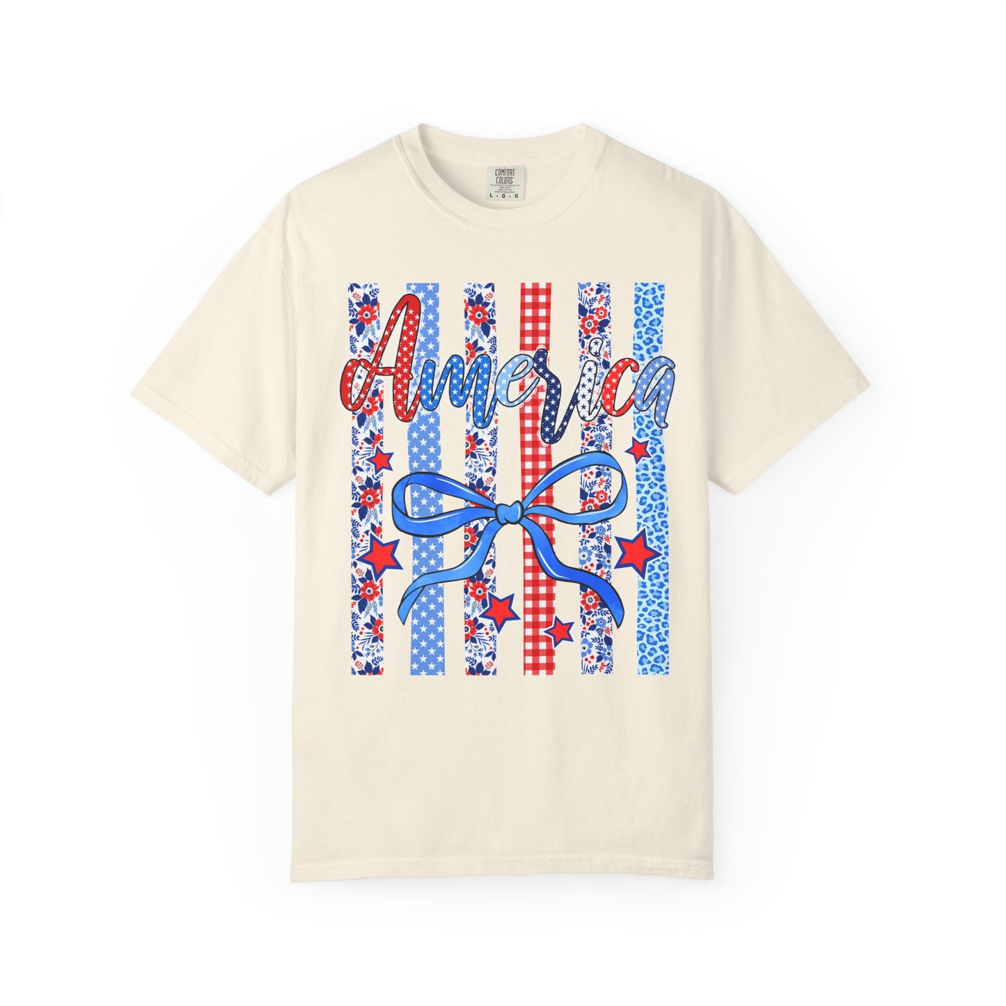America Patriotic T-Shirt — Red White Blue Stripes & Bow Graphic