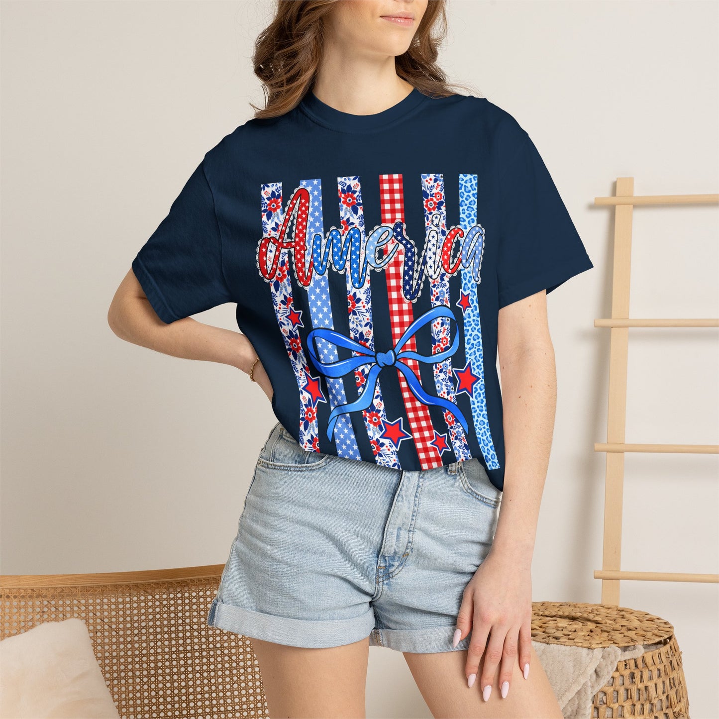 America Patriotic T-Shirt — Red White Blue Stripes & Bow Graphic