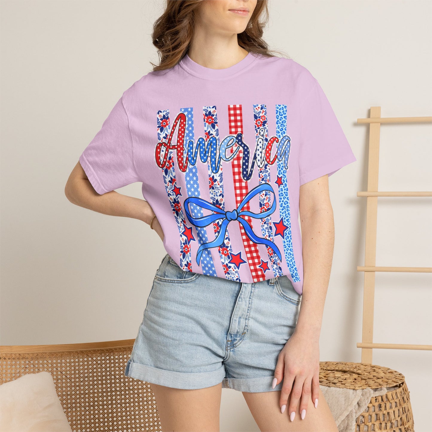 America Patriotic T-Shirt — Red White Blue Stripes & Bow Graphic