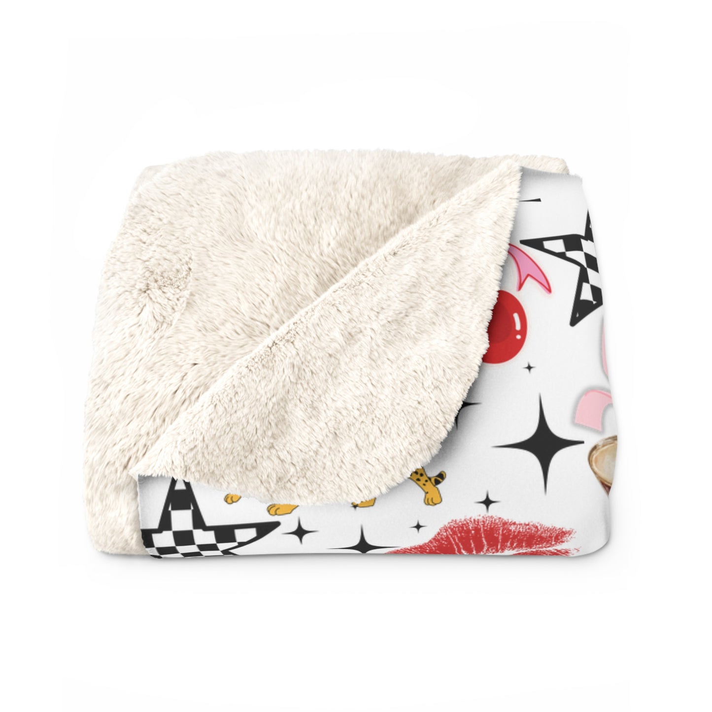 Sherpa Throw Blanket — Retro Lipstick, Cherries & Cocktail Pattern Cozy Fleece