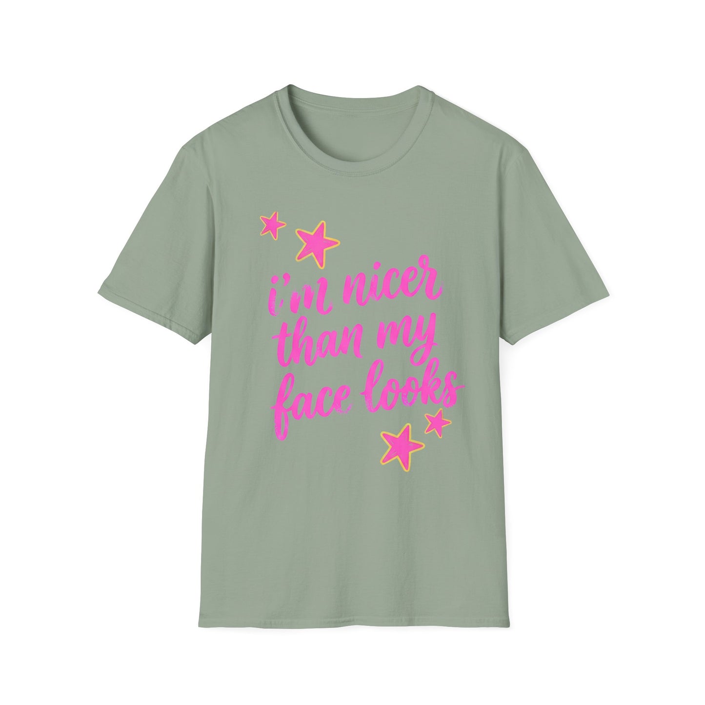 “I’m Nicer Than My Face Looks” Pink Script Graphic Tee